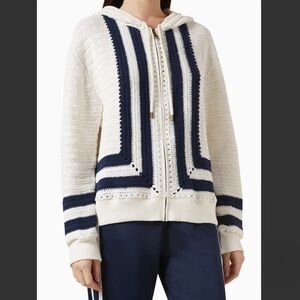 The Upside Kai Crochet Navy White Open Knit Coastal Hoodie Beach Vacation